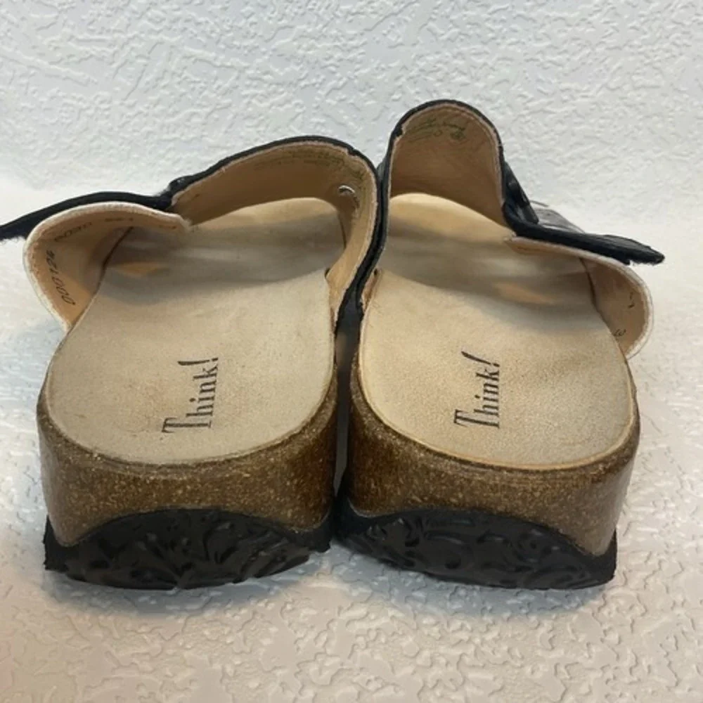 Think! Mizzi Black Slip On Sandals‎  Women 42/US11 Austria Leather/Cork/Rubber